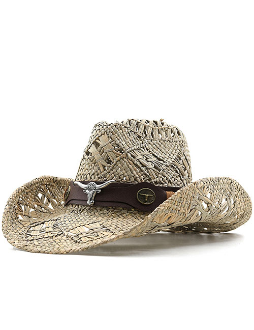 Fashion Beige Straw Cowhide Belt Rolled-up Jazz Hat