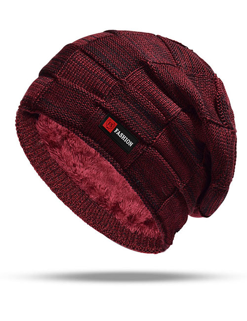 Fashion Single Cap Wine Red Acrylic Knit Patch Beanie