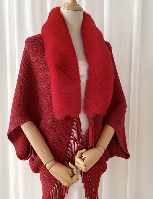 Fashion Red Rabbit Fur Knitted Fringed Shawl