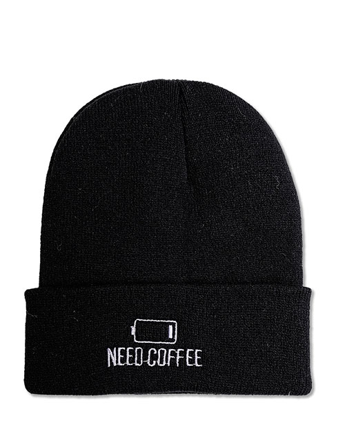 Fashion Black Acrylic Knit Electric Letter Embroidered Beanie