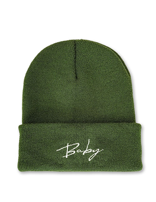 Fashion Army Green Acrylic Knit Letter Embroidered Beanie