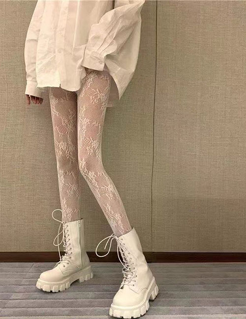 Fashion Flower Vine White Velvet-jacquard Lace Fishnet Socks