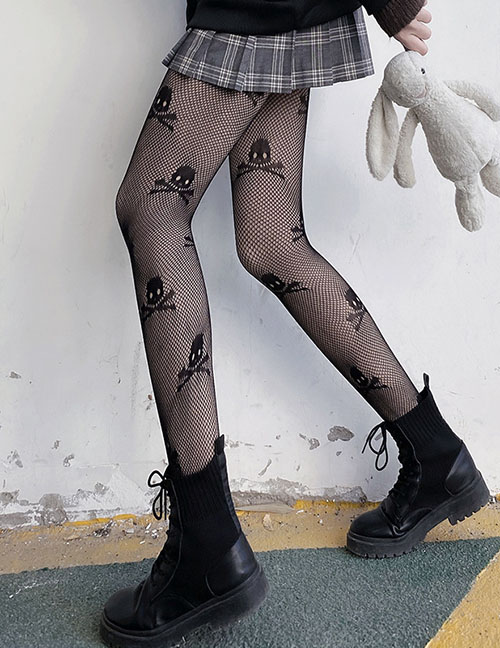 Fashion Crossbones Velvet-jacquard Lace Fishnet Socks