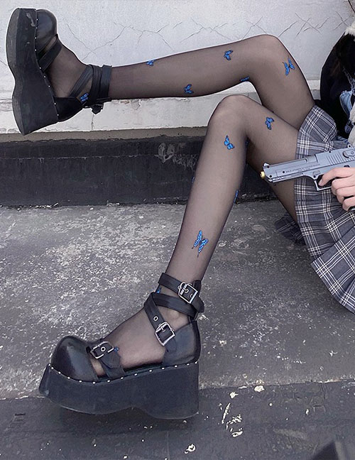 Fashion Blue Butterfly Black Velvet-jacquard Lace Fishnet Socks