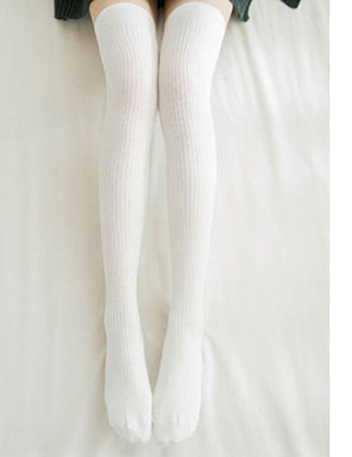 Fashion White Polyester Vertical Stripe Over The Knee Socks