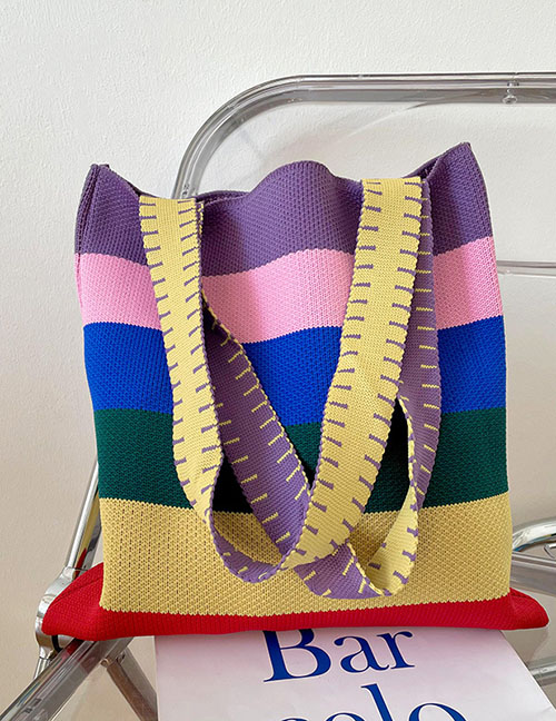 Fashion Rainbow Stripe Bag Purple Yellow Polyester Rainbow Stripe Tote Bag