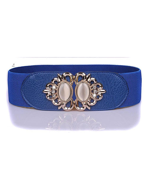 Fashion Sapphire Blue 95cm Pu Buckle Elastic Wide Waist Belt