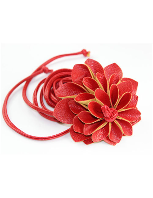Fashion Red Thin Faux Leather Floral Belt