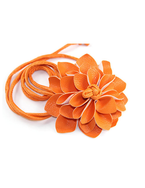 Fashion Bright Orange Thin Faux Leather Floral Belt