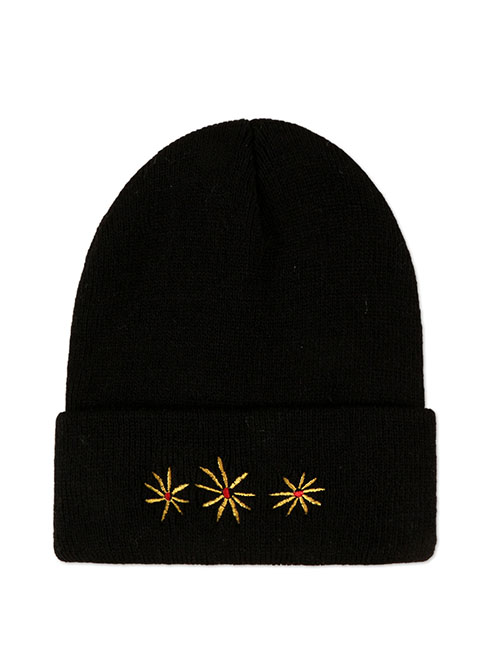Fashion Black Flower Embroidered Knitted Beanie