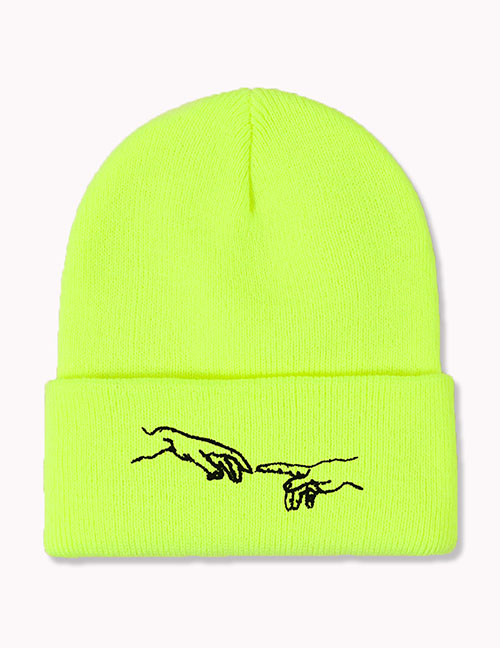 Fashion Fluorescent Yellow Acrylic Knit Two Hands Embroidered Beanie