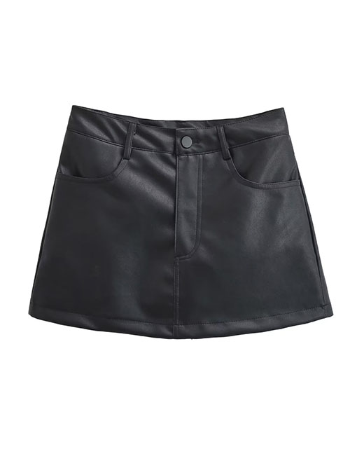 Fashion Black Polyester High Waist A-line Leather Skirt