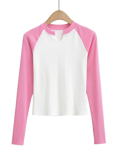 Fashion Pink Spell White Small U-neck Color Block Raglan Shoulder Long-sleeved Top