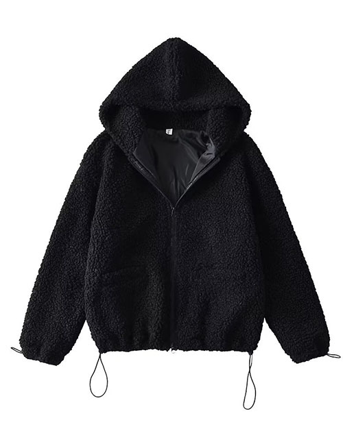 Fashion Black Sherpa Wool Drawstring Double Long Zipper Jacket