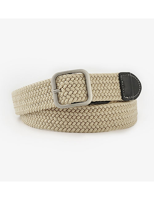 Fashion Beige Braided Wide Belt With Metal Square Buckle