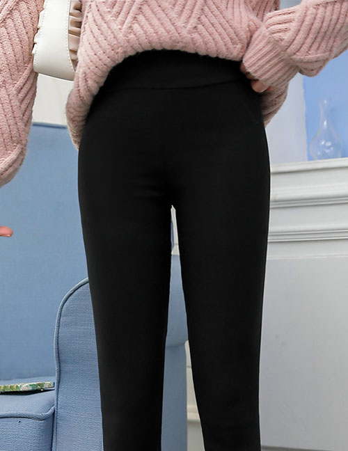 Fashion Black Without Buckle [without Velvet] Woven-knit High-rise Leggings