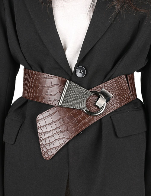 Fashion Brown Faux Leather Crocodile-print Wide Belt