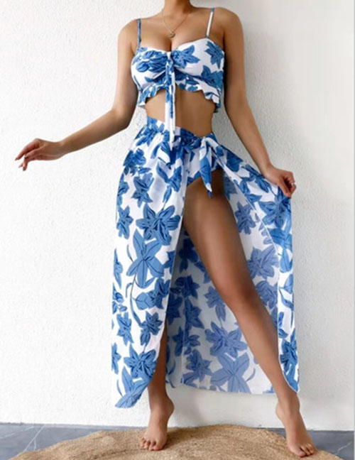 Fashion Blue Polyester Print Tie Swimsuit Three-piece Set