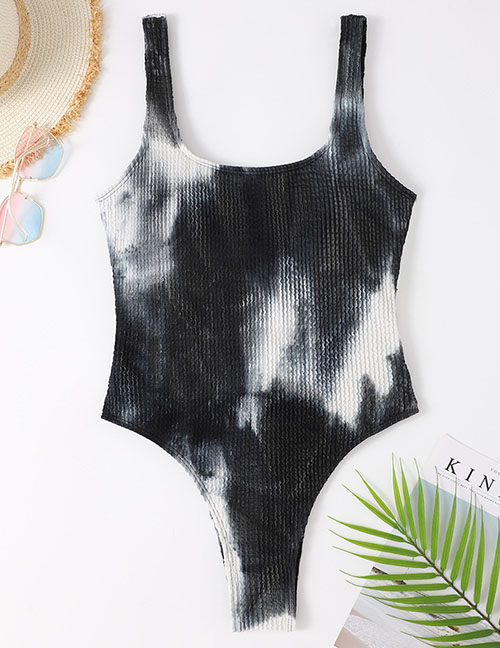 Fashion Black And White Polyester Tie-dye Ruched Swimsuit