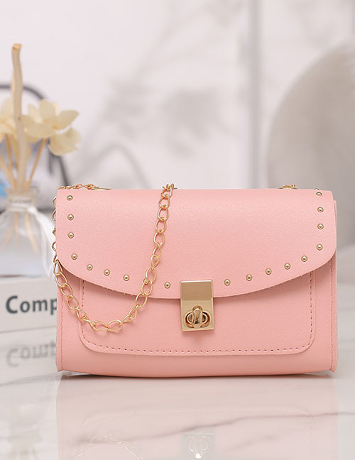 Fashion Pink Pu Rivet Lock Flap Crossbody Bag