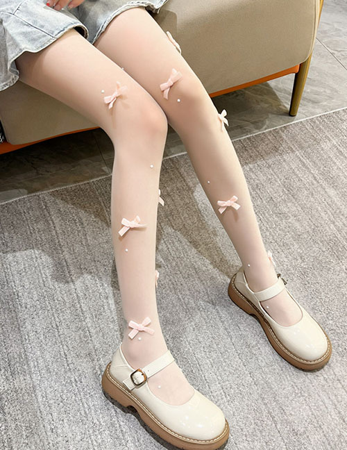 Fashion Milky White (beige) Flocked Bow Stockings