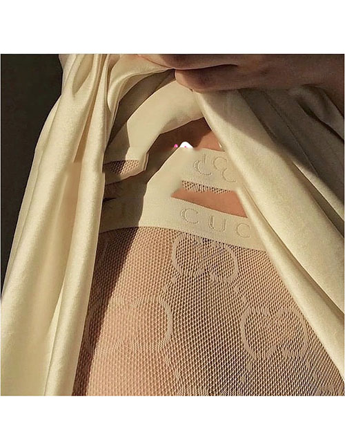 Fashion Big G Net [waist Mention] - White Nylon Jacquard Mesh Stockings