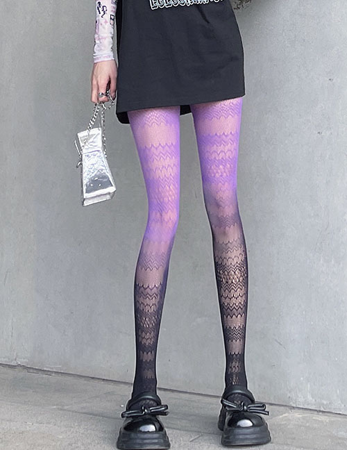 Fashion Gradient Purple Black [net Stockings] Gradient Cutout Lace Fishnet Stockings