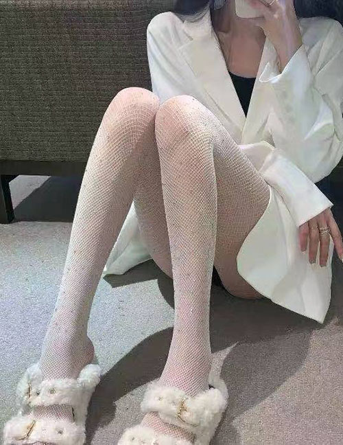 Fashion Hot Drill - White Nylon Jacquard Hollow Stockings
