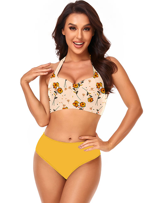 Fashion Yellow Bikini Nylon Print Halter Neck Two-piece Swimsuit