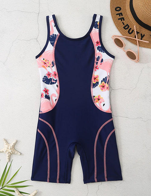 Fashion Navy Blue Spandex Print Children's One-piece Swimsuit