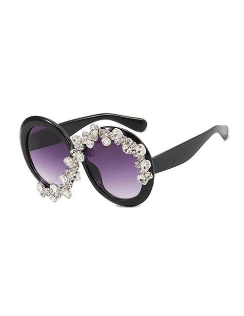 Fashion Bright Black Double Gray Pc Diamond Round Frame Sunglasses