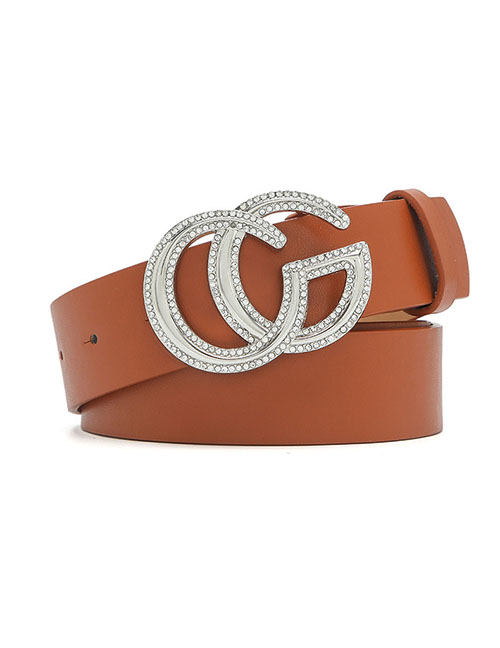 Fashion Camel Wide Belt In Faux Leather Metal With Diamond-encrusted Letter Buckle