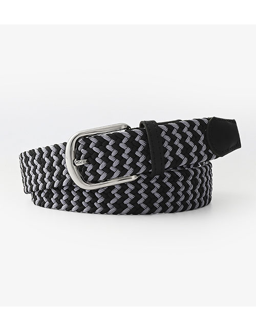 Fashion Black And Gray Braided Wide Belt With Metal Square Buckle