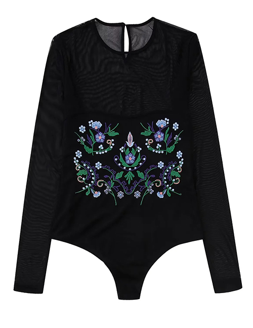 Fashion Black Woven Embroidered Mesh Bodysuit