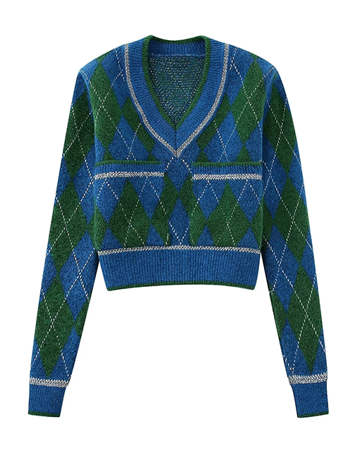 Fashion Blue Metallic Argyle Knit Sweater