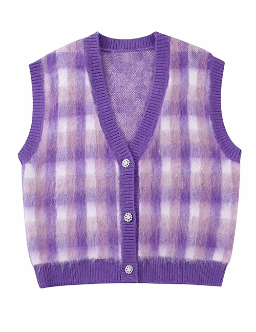 Fashion Purple Wool Knit Check V-neck Vest