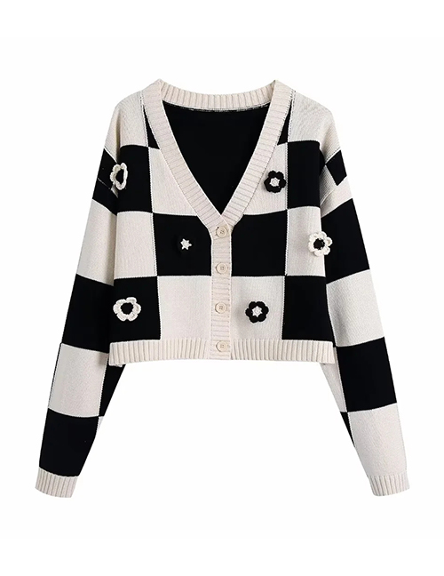 Fashion Black And White Knit Check Floral Cardigan Jacket