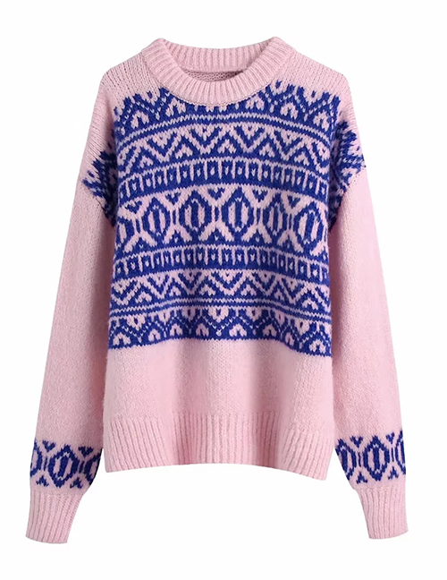 Fashion Pink + Navy Blue Jacquard-knit Crewneck Sweater