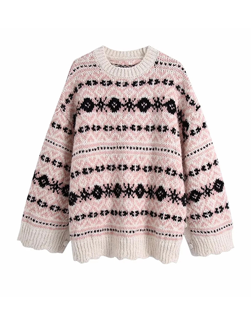 Fashion Pink Jacquard-knit Crewneck Sweater