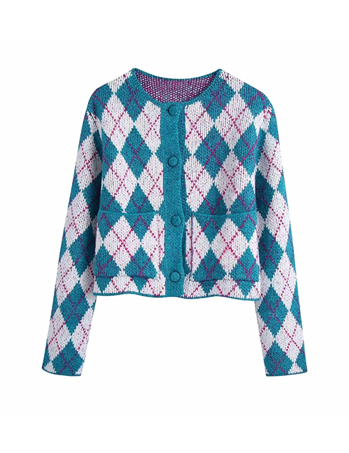 Fashion Blue Argyle Jacquard-knit Cardigan Jacket