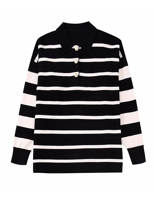 Fashion Black And White Striped Lapel Sweater