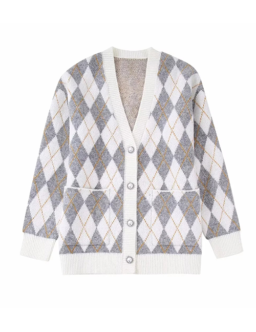 Fashion Grey Wool-knit Diamond-breasted Cardigan Jacket