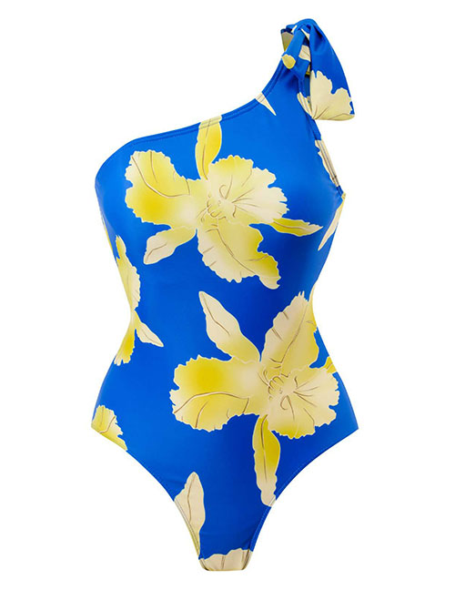 Fashion No. 2 Blue Polyester Printed One-shoulder Swimsuit