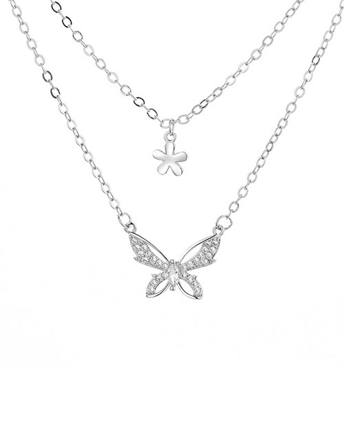 Fashion Silver Copper And Diamond Butterfly Flower Double Layer Necklace