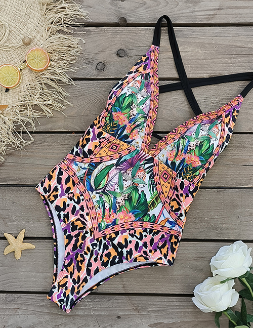 Fashion Leopard Leopard Polyester Printed V-neck Swimsuit