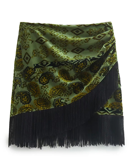 Fashion Green Polyester Printed Fringed Pleated Skirt