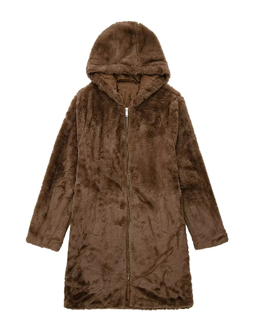 Fashion Brown Faux Fur Hooded Zipped Jacket