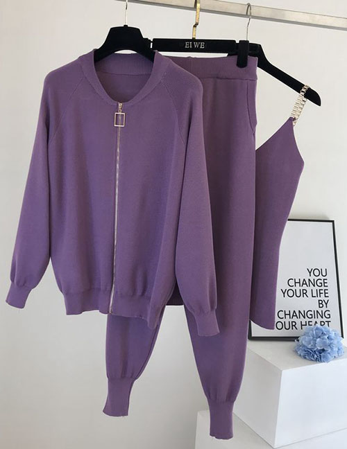 Fashion Purple Knit Vest Jacket Small Feet Loose Pants Three -piece Suit