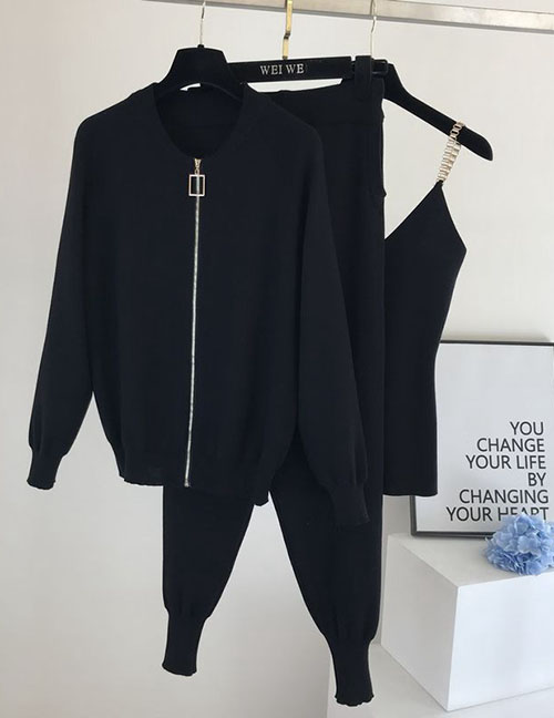 Fashion Black Knit Vest Jacket Small Feet Loose Pants Three -piece Suit