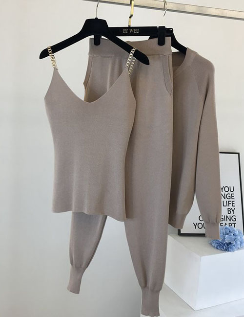 Fashion Khaki Knit Vest Jacket Small Feet Loose Pants Three -piece Suit